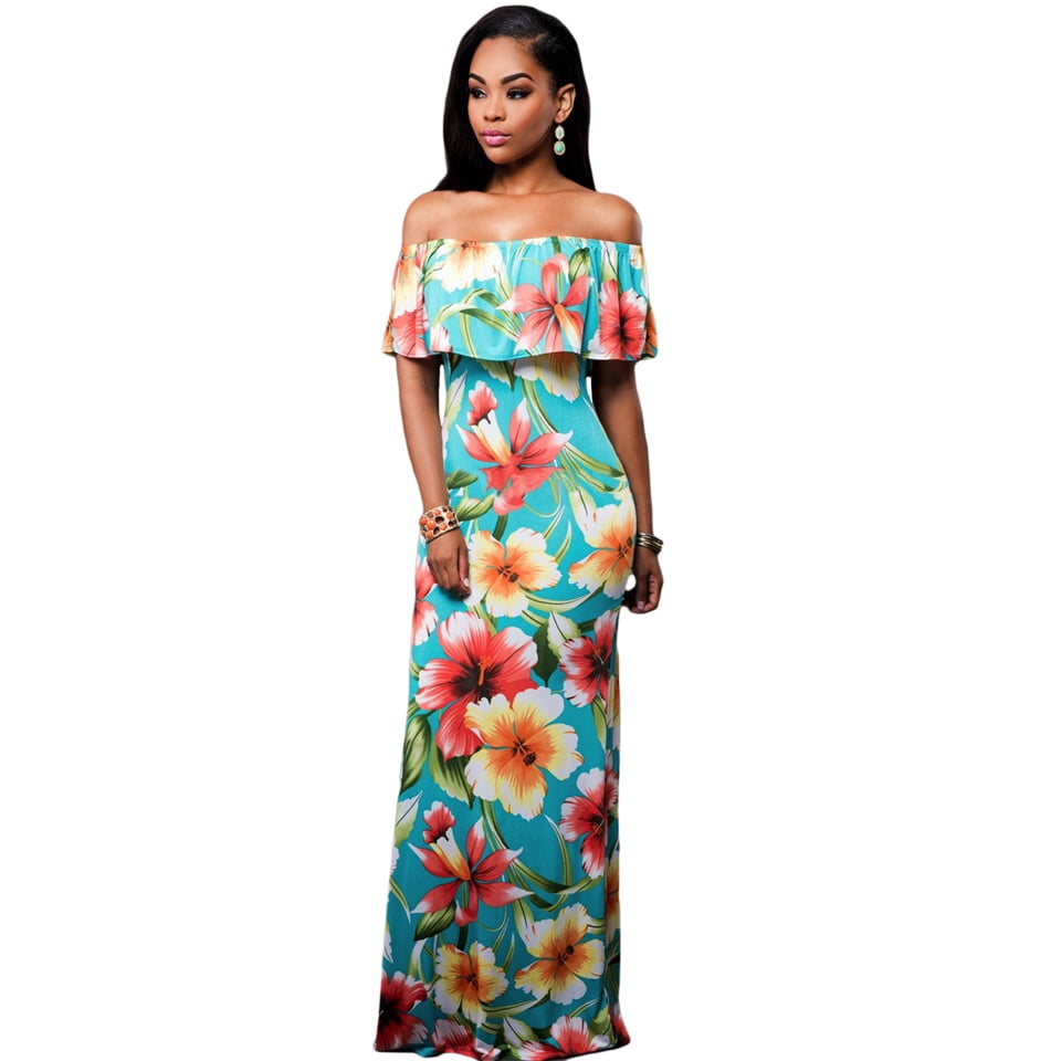 Women Turquoise Roses Print Off-the ...